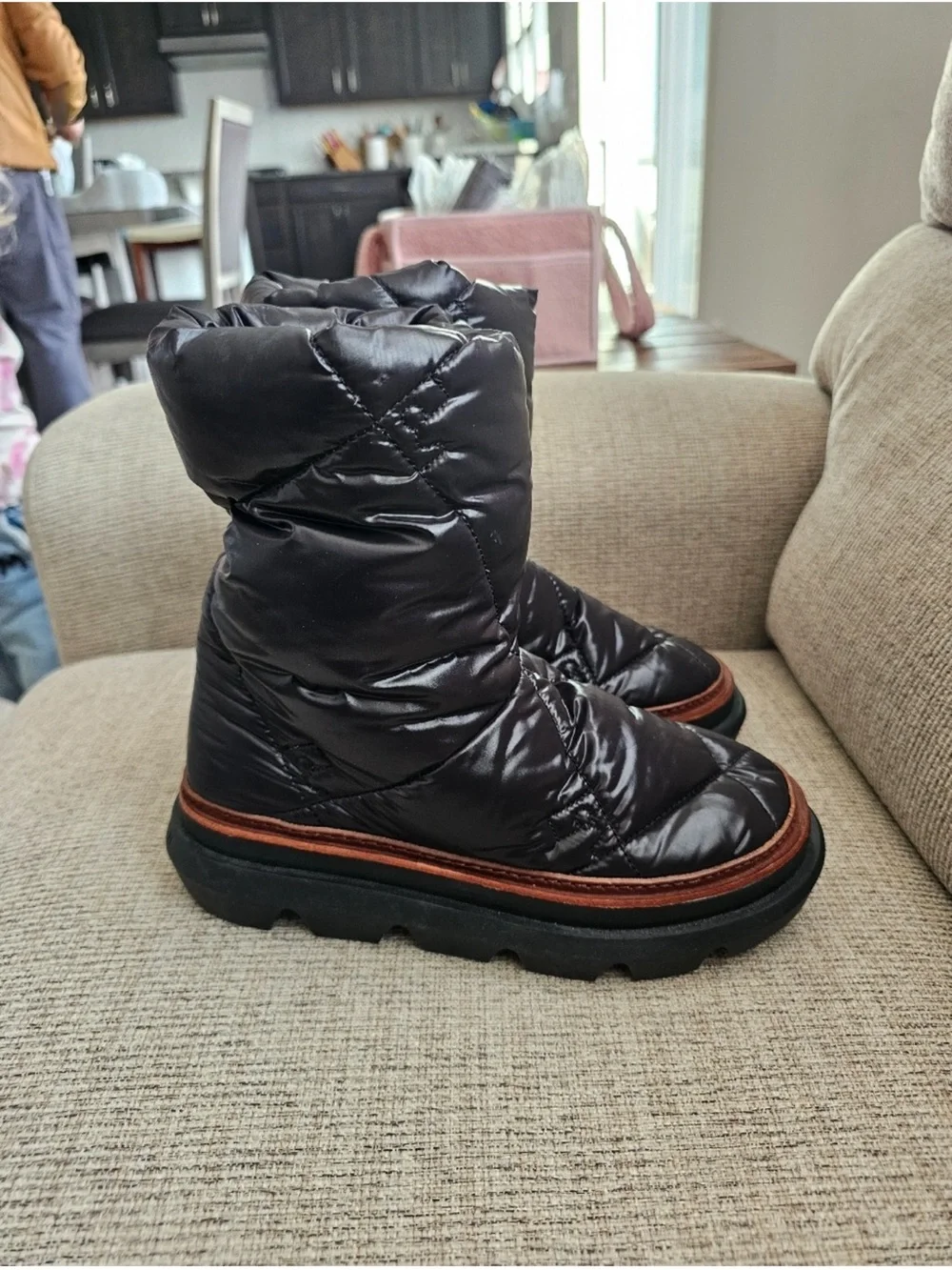 Tory Burch Black Quilted Puffer Ankle Boots with Brown Trim